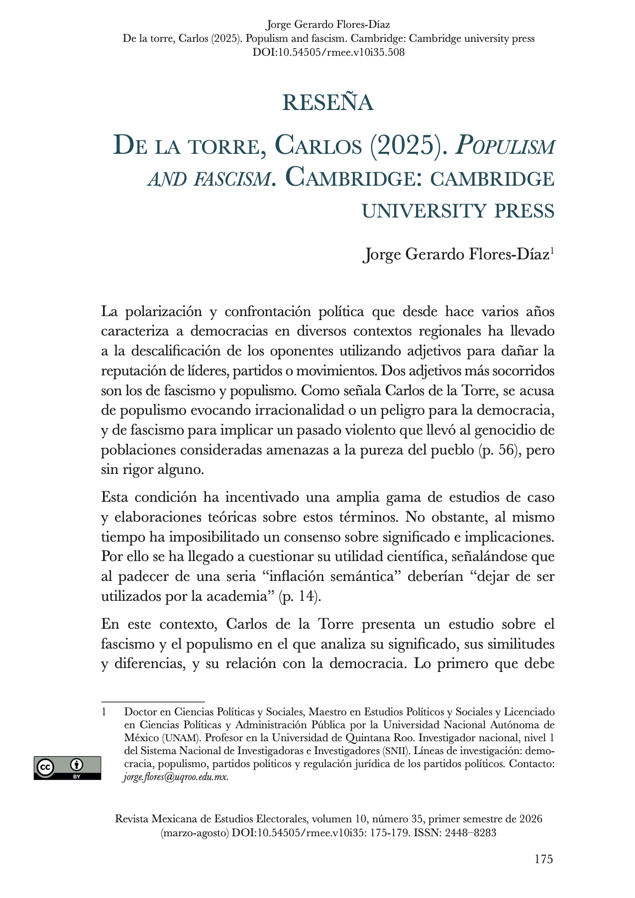 De la torre, Carlos (2025). Populism and fascism. Cambridge. Reseña de Jorge Gerardo Flores