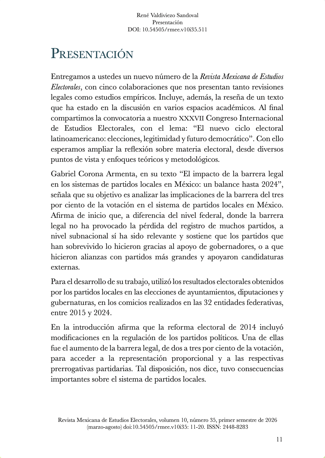 Presentación del número 35, volumen 10, de la RMEE, por René Valdiviezo Sandoval, Director de la RMEE